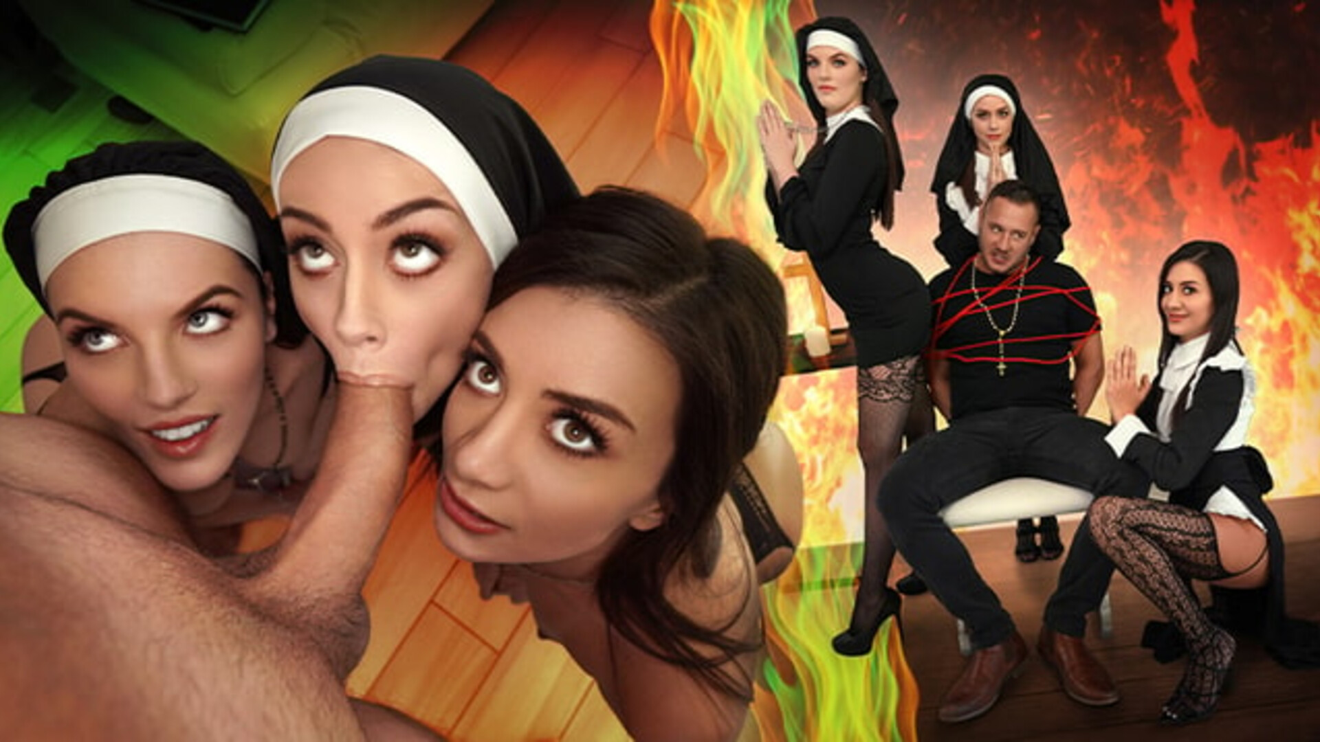 Natalie Brooks, Selena Love, Fiona Frost - Three Horny Nuns Fuck the Devil Out of Him - BFFS - BFFS - natural tits - small tits - high heels - black - blowjob - brunette - latina - masturbation - tits