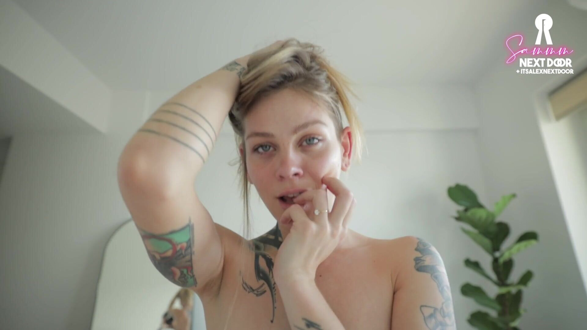 sammmnextdoor - I lick the cum from his cock after he cums - ManyVids - blonde - blowjob - big dick - pov - tattoo - small tits - natural tits