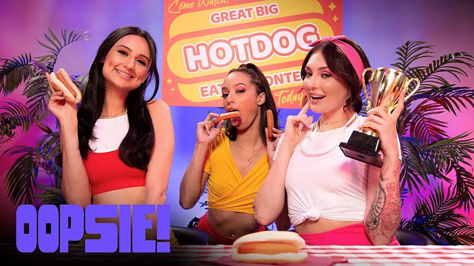 Eliza Ibarra, Alexis Tae and Charlotte Sins - Hot Dong Eating Contest - Oopsie - Oopsie - small tits - fetish - black - brunette - interracial - latina - lesbian - rimming - tattoo