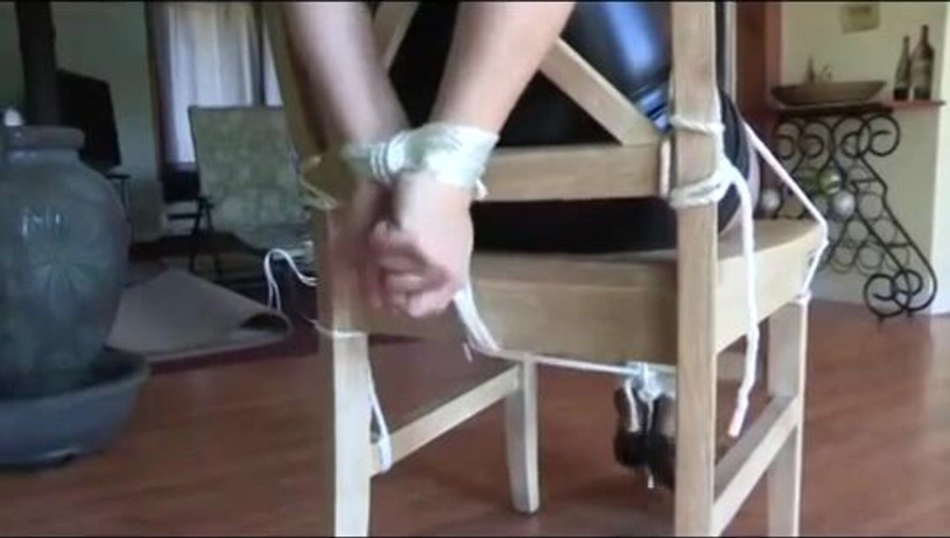 Blonde on floor and chair - bondage