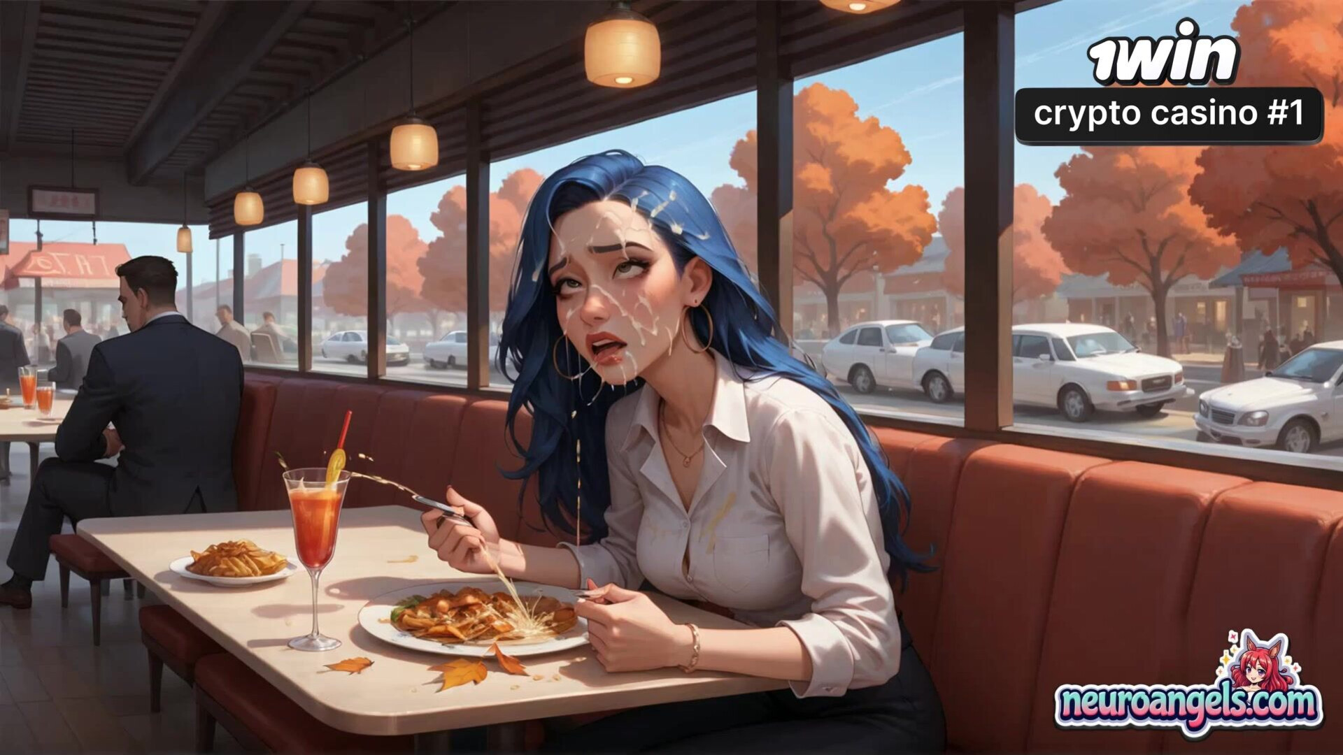 Blue Haired Diner Seduction Coffee Spill & Steady Hands - hair - cup - romantic - ai generated - intimacy - blue - hardcore - coffee - romance - diner