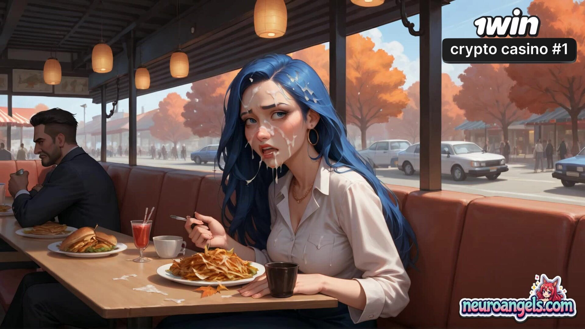 Blue Haired Diner Seduction Coffee Spill & Steady Hands - hair - cup - romantic - ai generated - intimacy - blue - hardcore - coffee - romance - diner