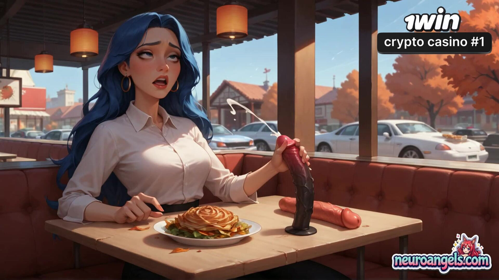 Blue Haired Diner Seduction Coffee Spill & Steady Hands - hair - cup - romantic - ai generated - intimacy - blue - hardcore - coffee - romance - diner