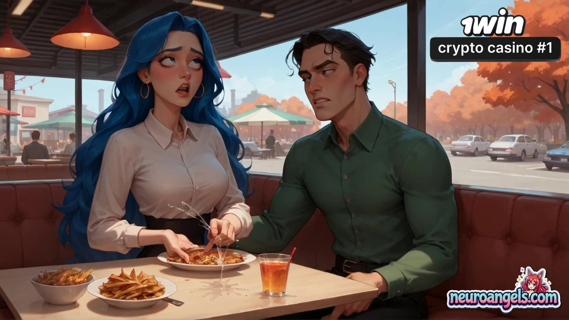 Blue Haired Diner Seduction Coffee Spill & Steady Hands - hair - cup - romantic - ai generated - intimacy - blue - hardcore - coffee - romance - diner