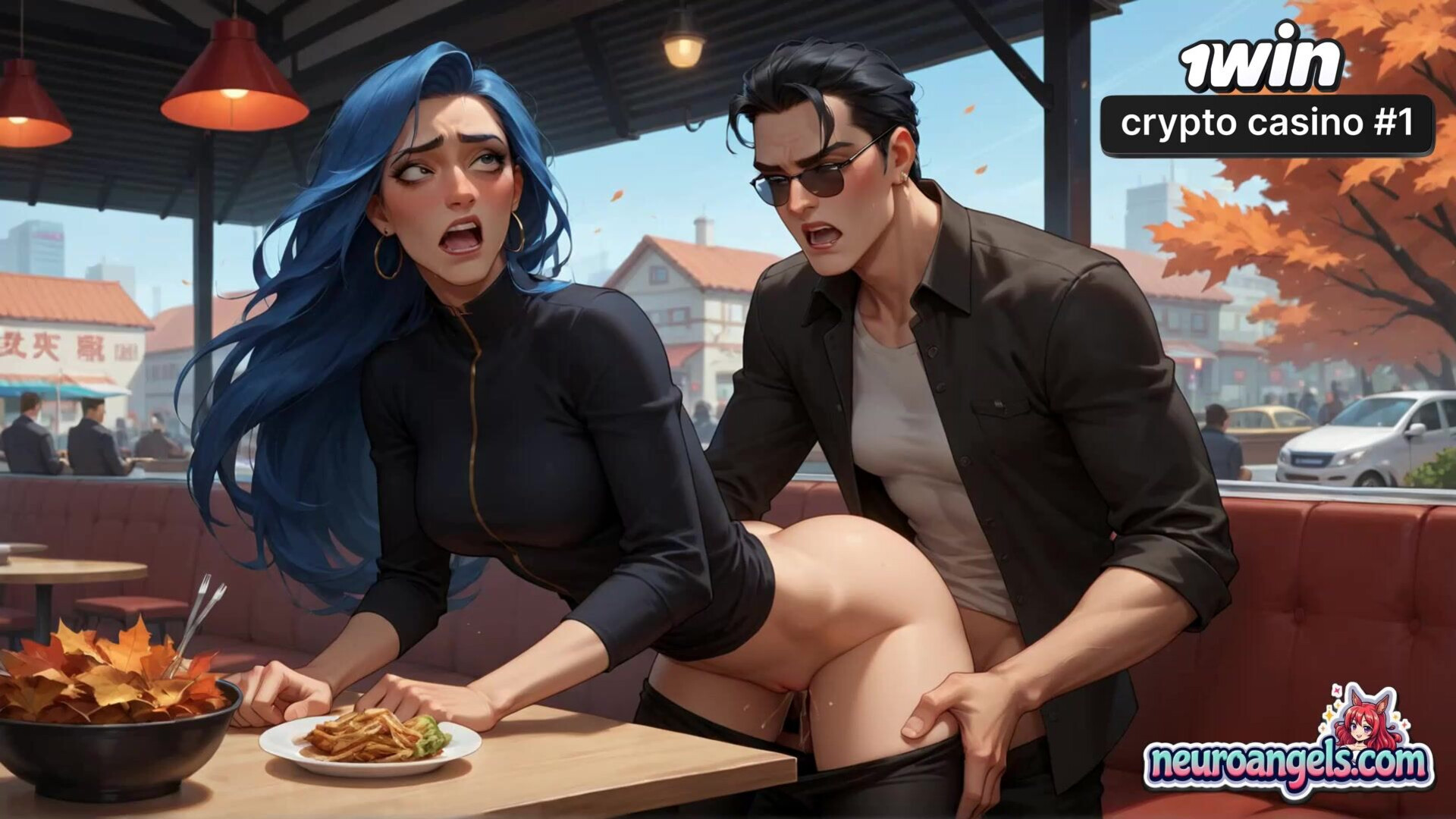 Blue Haired Diner Seduction Coffee Spill & Steady Hands - hair - cup - romantic - ai generated - intimacy - blue - hardcore - coffee - romance - diner