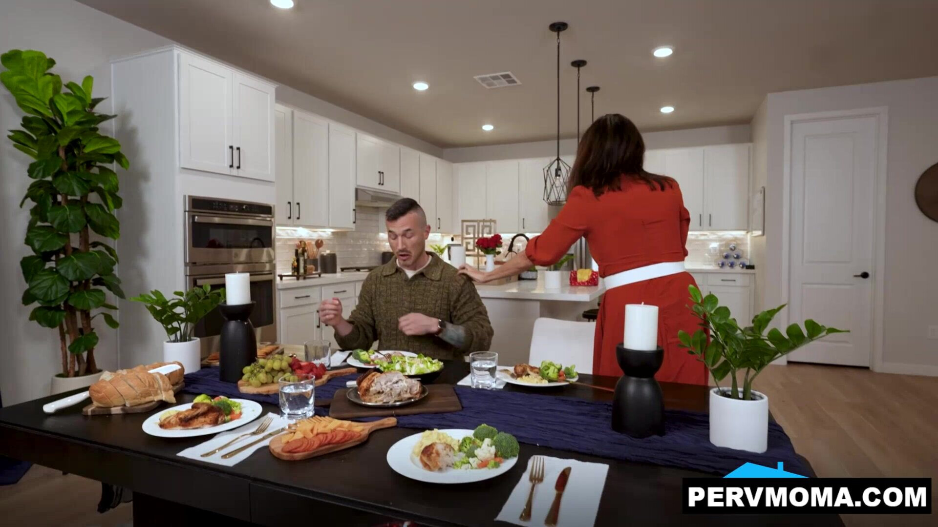Fam Dinner gets sloppy with stepaunt Reagan Foxx - pervmom - milf - stepmom - stepson - stepaunt - brunette - latina - interracial - pussy - handjob