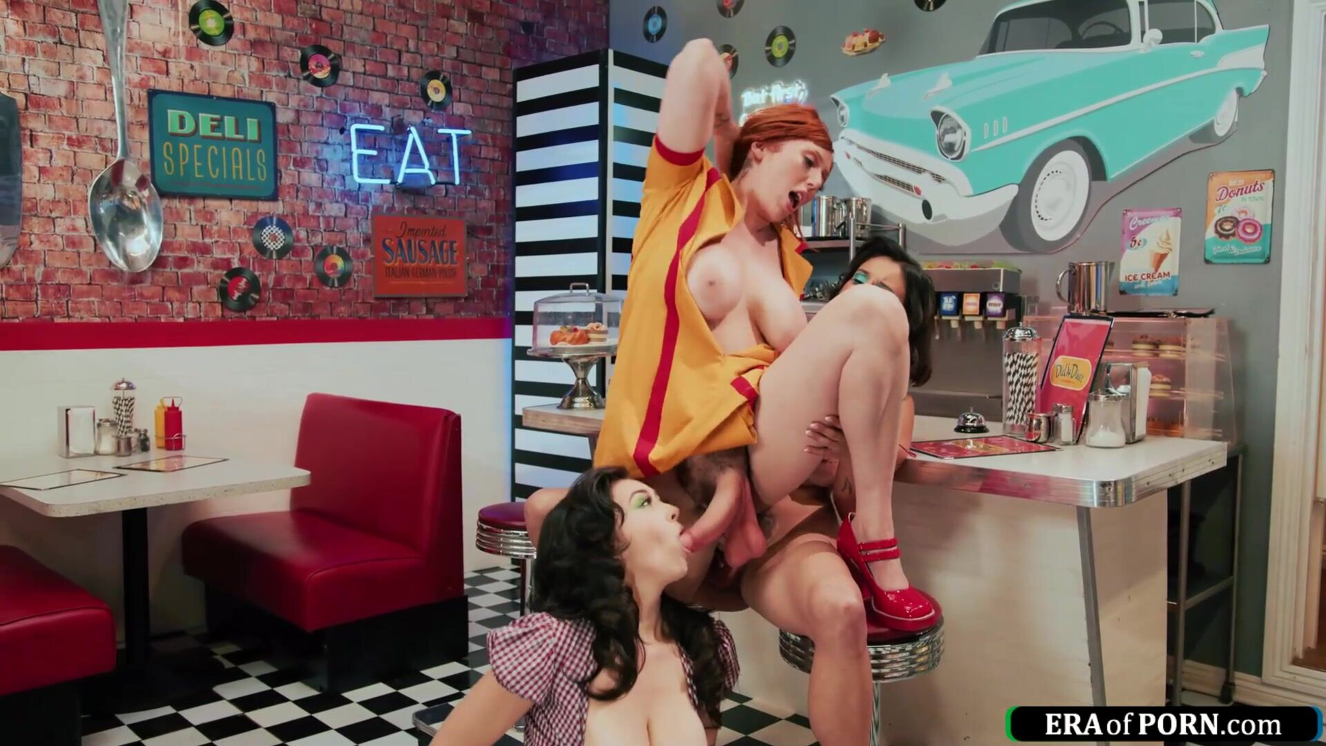 Busty big cock futa babes fuck in diner - futanari - futa - big cock - lesbian - threesome - big tits - toy - blowjob - milf - latin