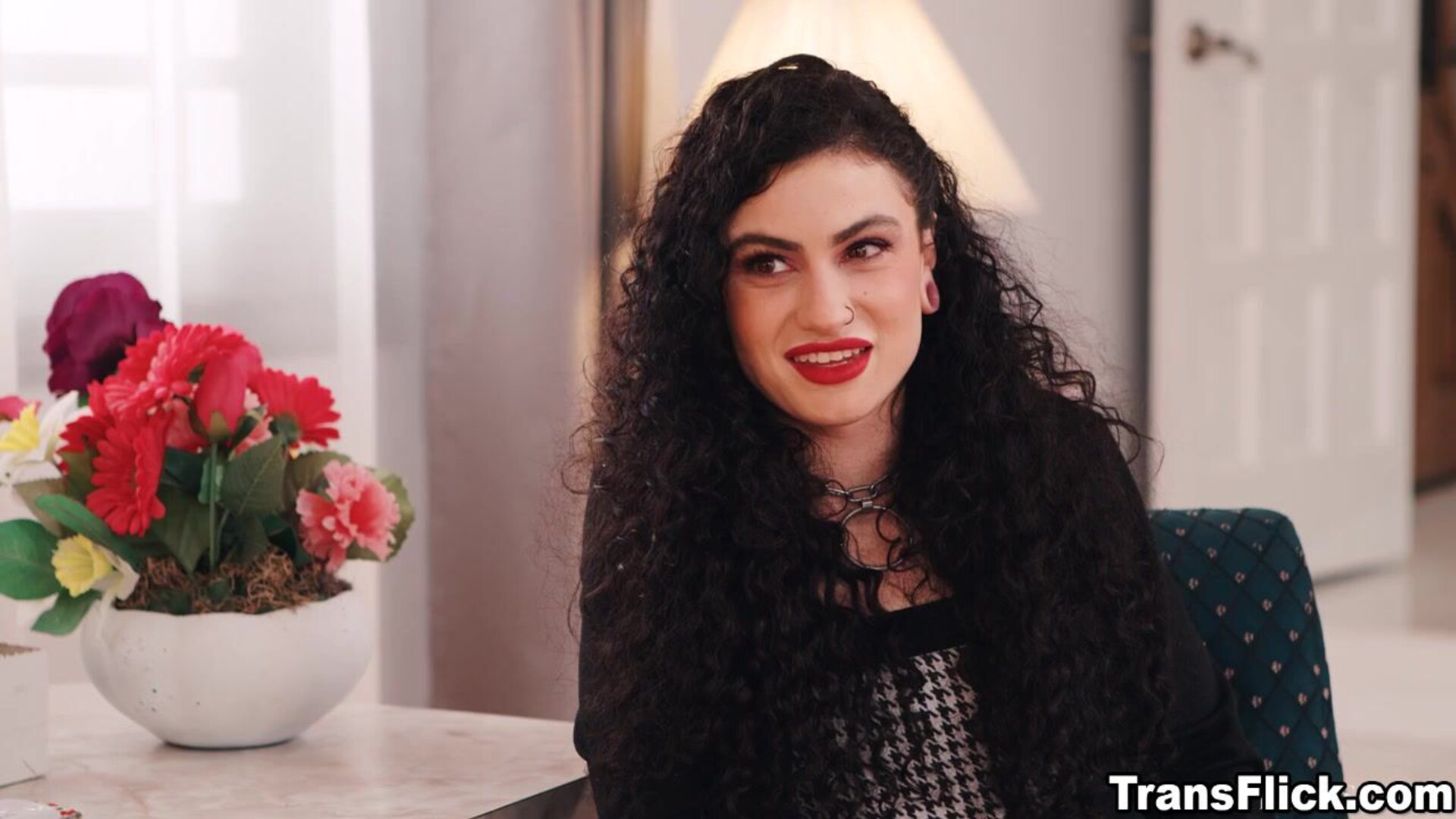 Lydia and Shiri had sensual sex in the green room - transflick - brunette - redhead - piercings - small tits - tattoos - hairy - pussy - blowjob - deepthroat