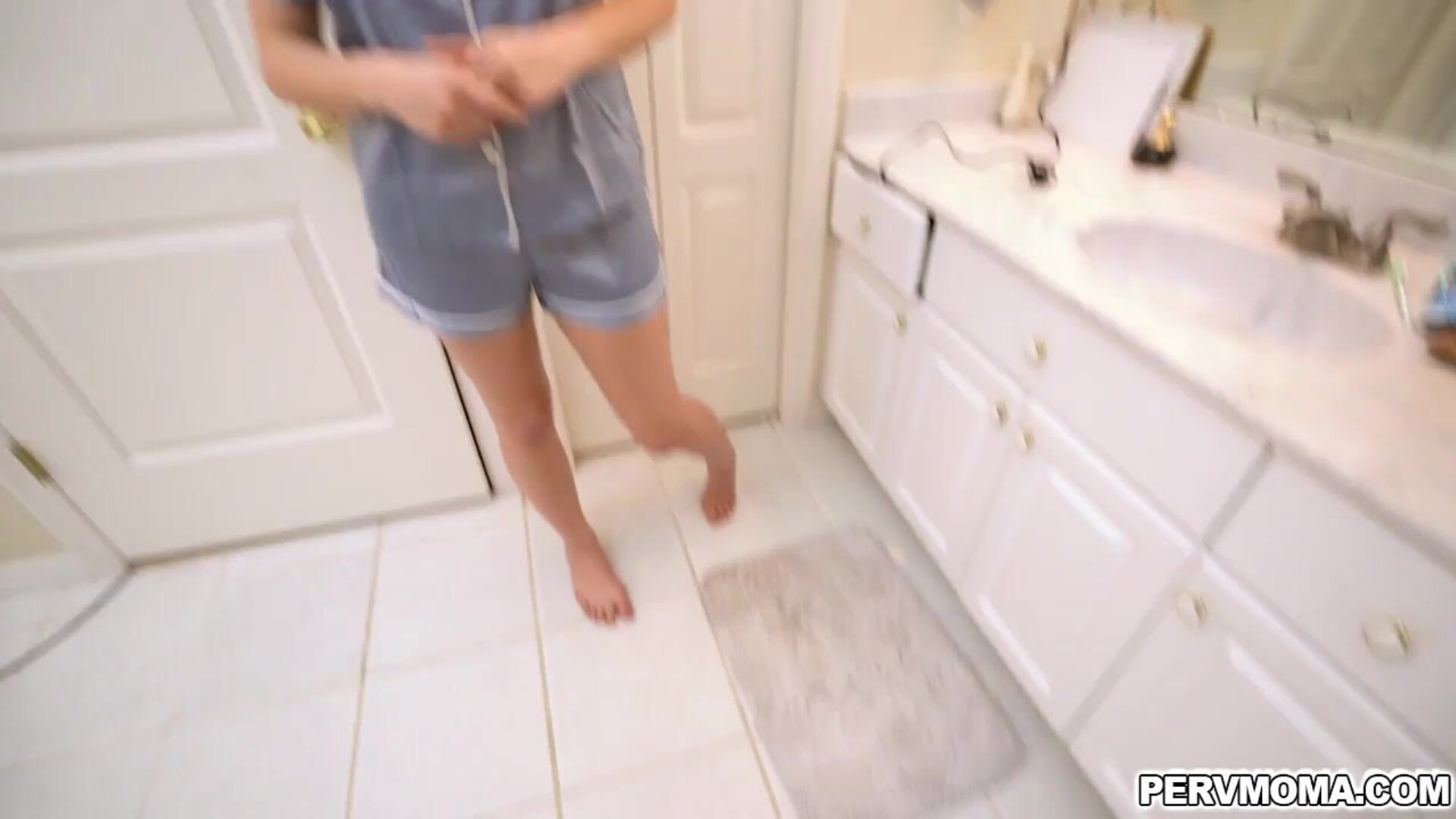 Sadie helps Connor jerking off his hard boner - pervmom - bathroom - big dick - brunette - handjob - masturbation - mature - milf - older - pajama