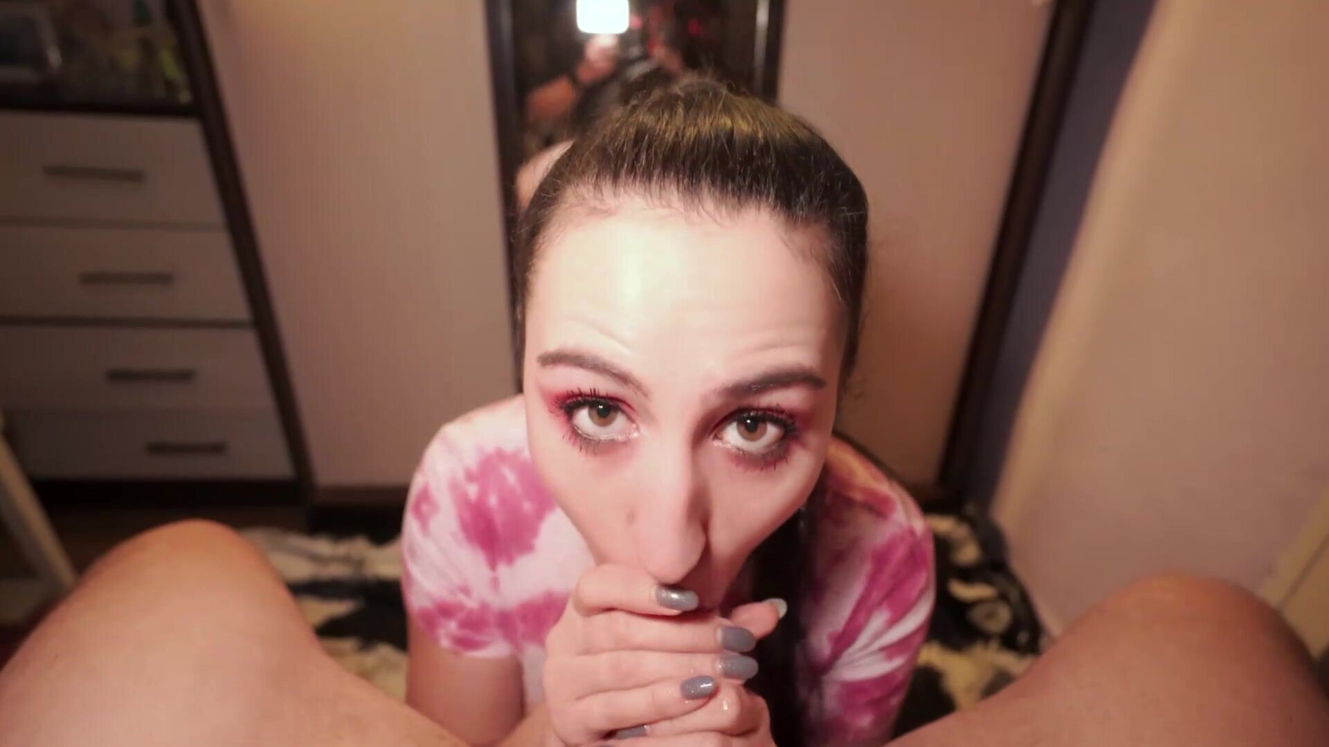 Sexy Webcam Girl Teases and Sucks Cock POV Closeup - webcam - pov - blowjob - smoking - vape - handjob - closeup - bedroom - brunette - oral