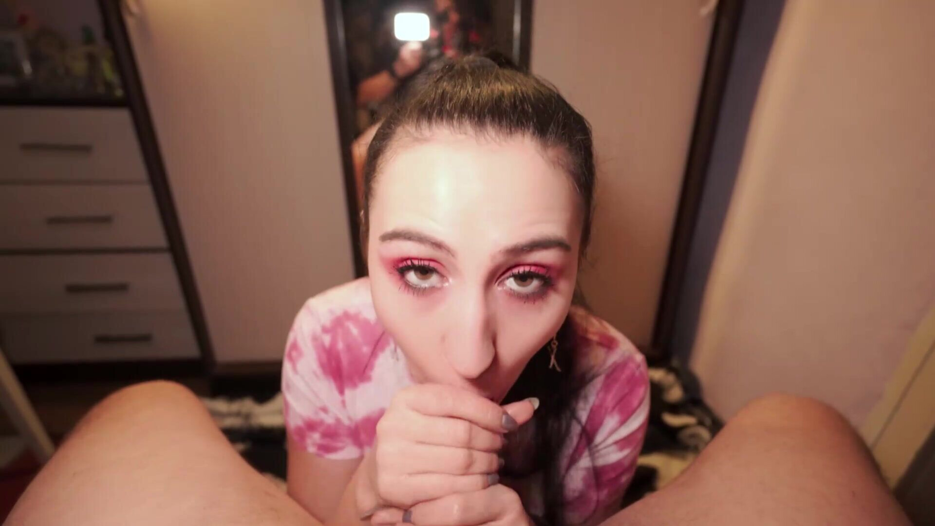 Sexy Webcam Girl Teases and Sucks Cock POV Closeup - webcam - pov - blowjob - smoking - vape - handjob - closeup - bedroom - brunette - oral