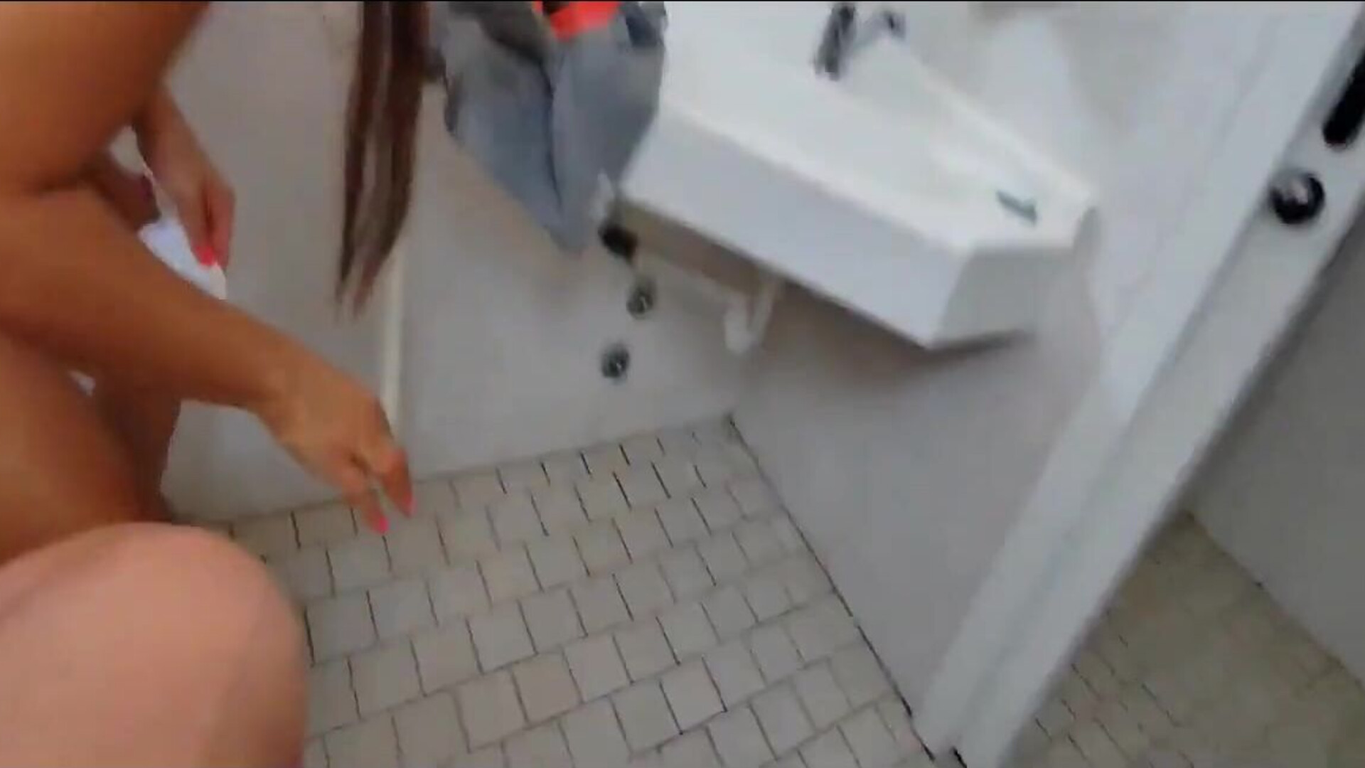 She guides me to the restroom at the beach bar for anal sex, and then she masturbates - amateur - beach - brunette - cumshot - handjob - outdoor - doggy style - ass - couple - toilet