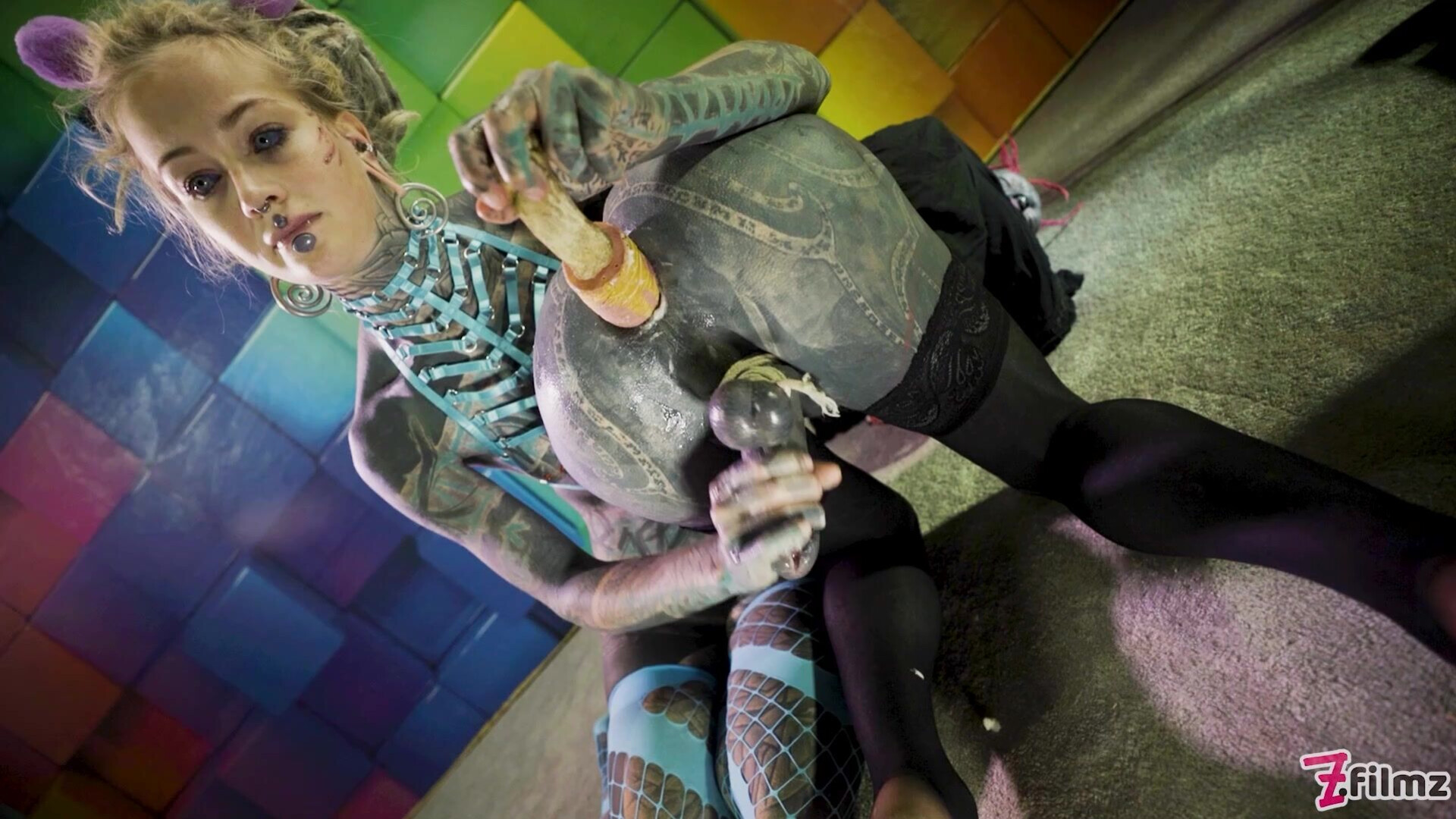 Heavily tattooed trans Lily Lu gets anal fisted - zfilmz - tattoos - tattooed - trans - anal - fisting - toy - bondage - dreads - blonde