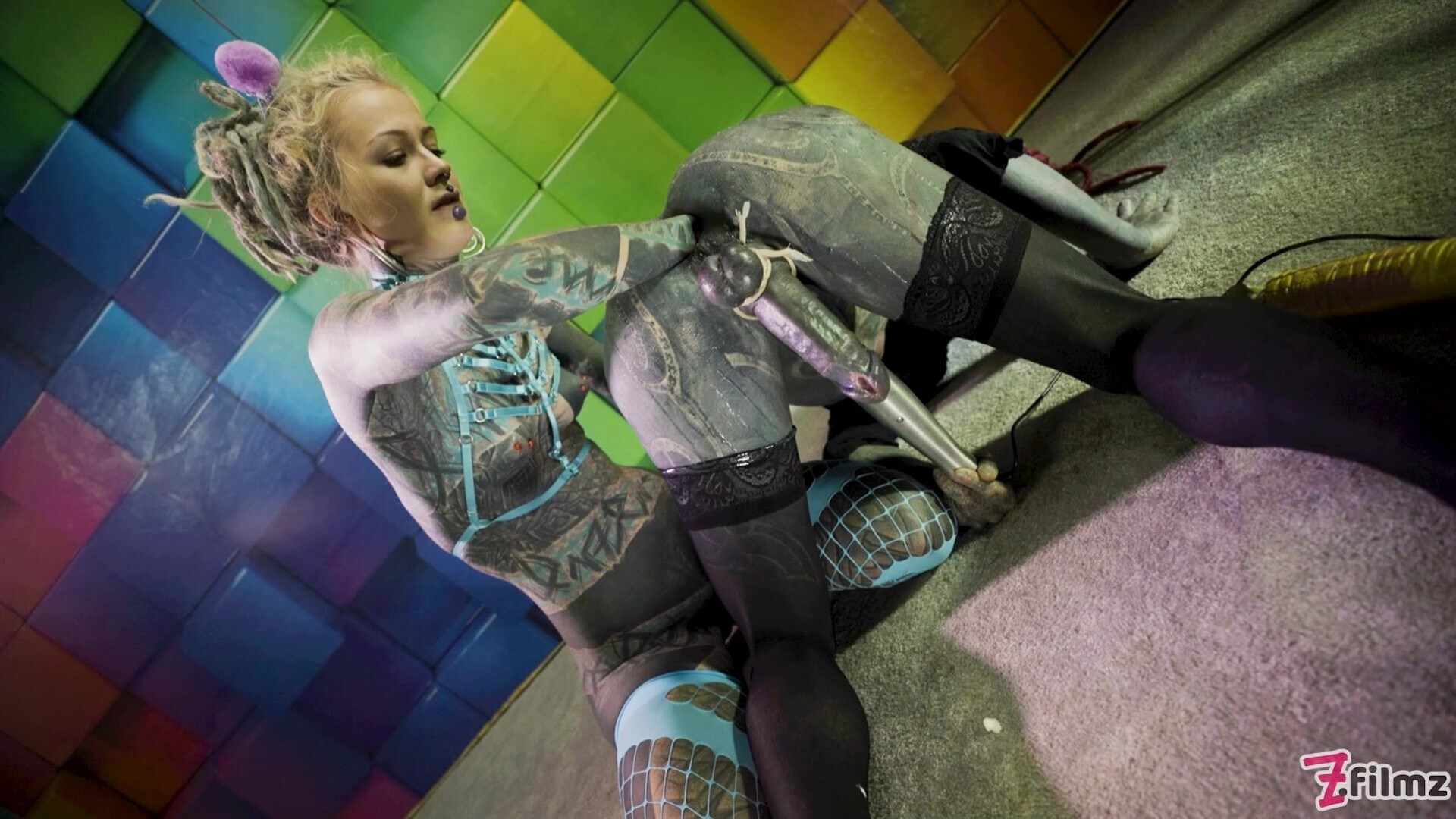 Heavily tattooed trans Lily Lu gets anal fisted - zfilmz - tattoos - tattooed - trans - anal - fisting - toy - bondage - dreads - blonde