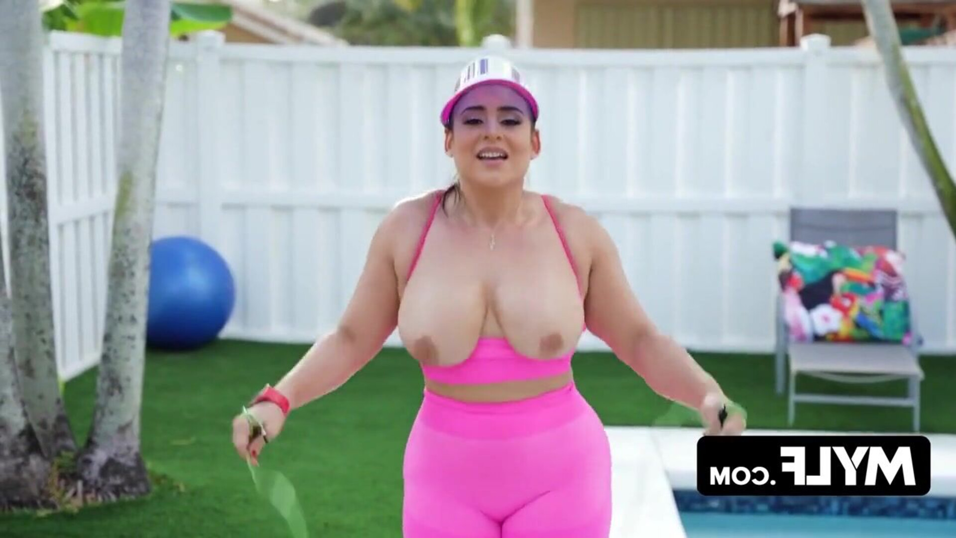 Voluptuous Latina in clinging athletic wear vigorously shakes her generously sized, l - blowjob - cumshot - milf - pov - big tits - big ass - cowgirl - american - ass - couple