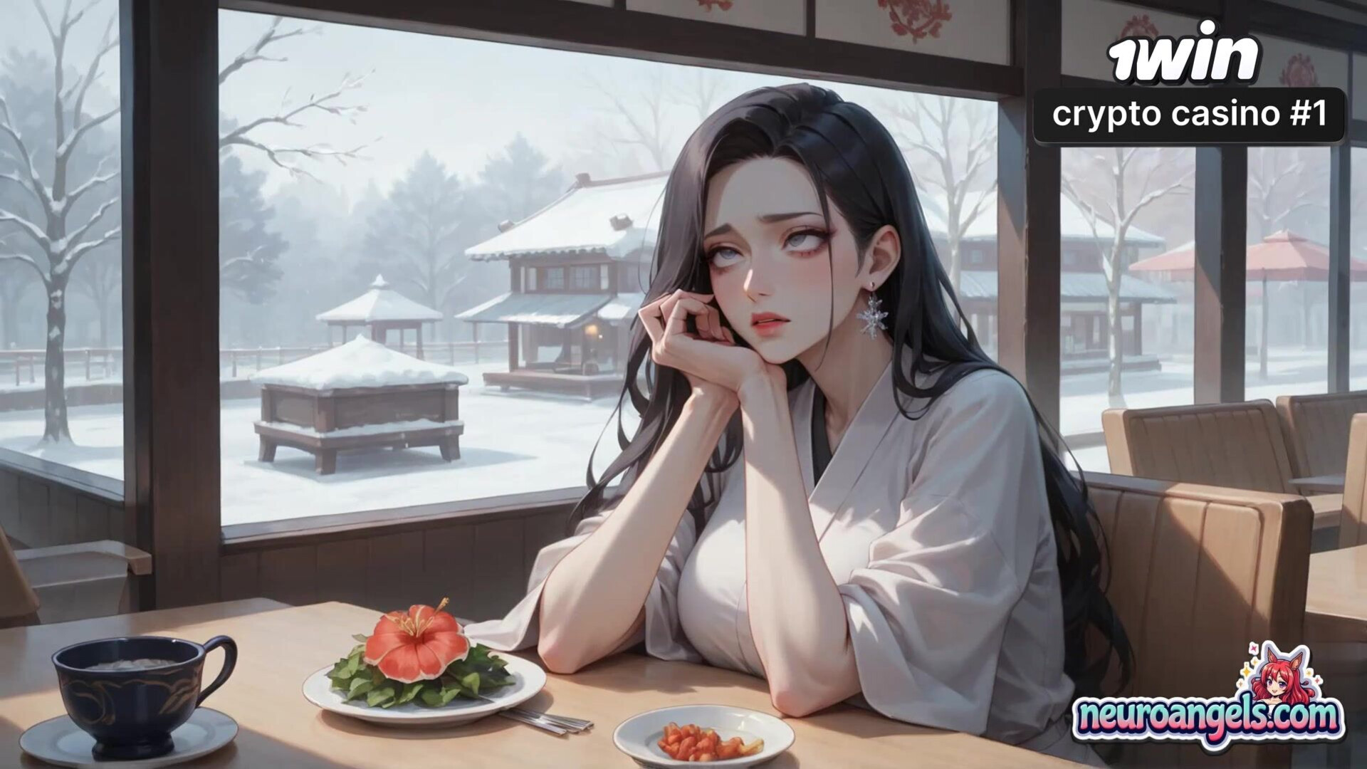 A sexy XXX cream drip seduction in a snowy café, milking a hot bitch - drip - cafe - romantic - snowy - hardcore - cream - kimono - white - ai generated