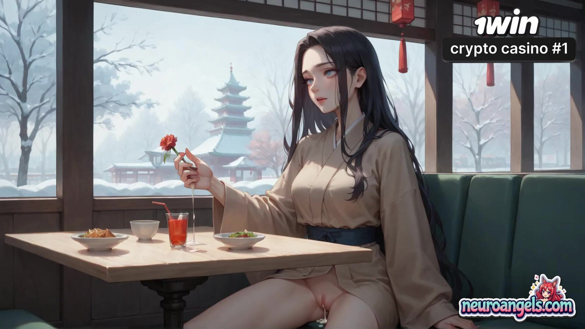 A sexy XXX cream drip seduction in a snowy café, milking a hot bitch - drip - cafe - romantic - snowy - hardcore - cream - kimono - white - ai generated