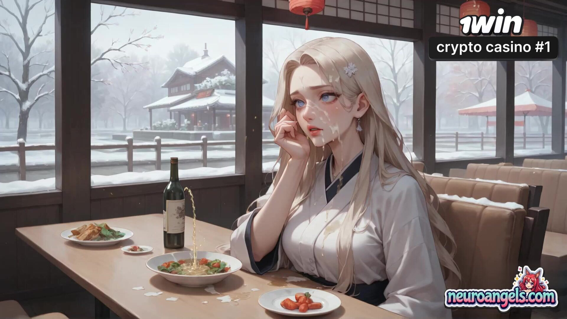 A sexy XXX cream drip seduction in a snowy café, milking a hot bitch - drip - cafe - romantic - snowy - hardcore - cream - kimono - white - ai generated