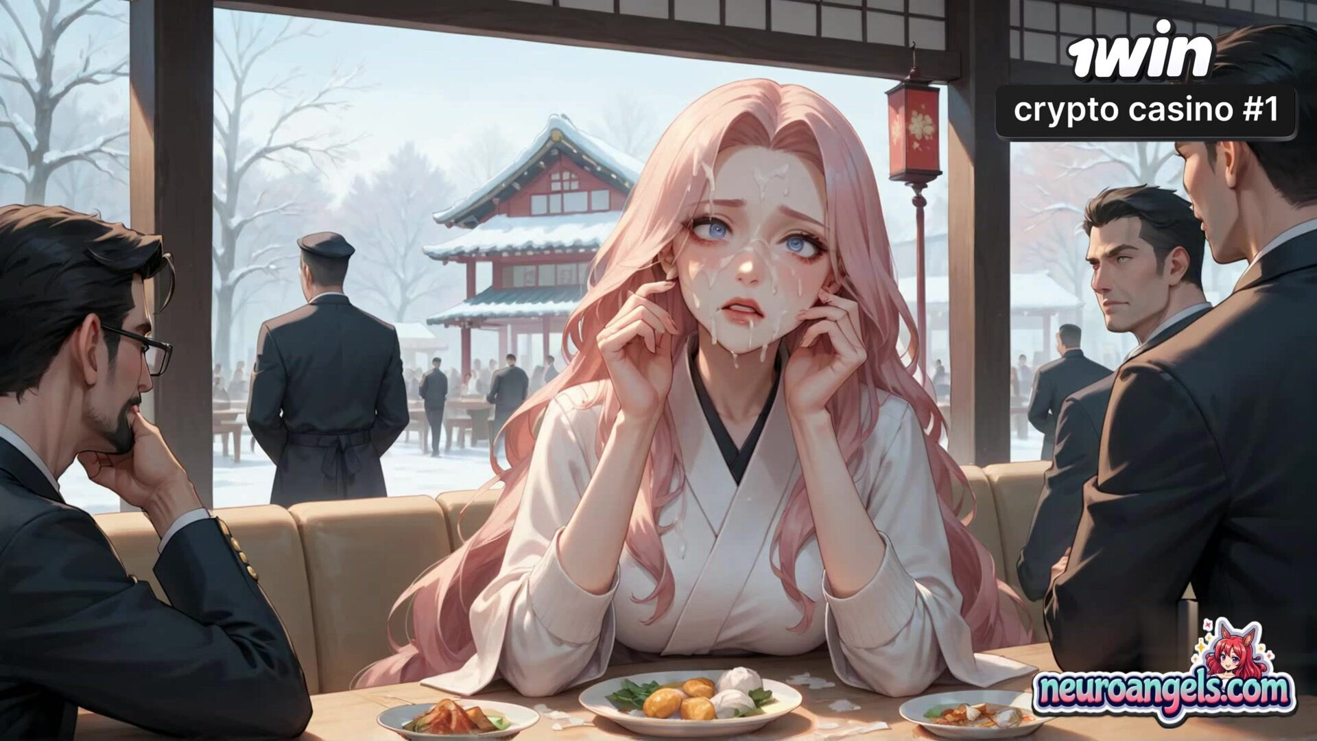 A sexy XXX cream drip seduction in a snowy café, milking a hot bitch - drip - cafe - romantic - snowy - hardcore - cream - kimono - white - ai generated