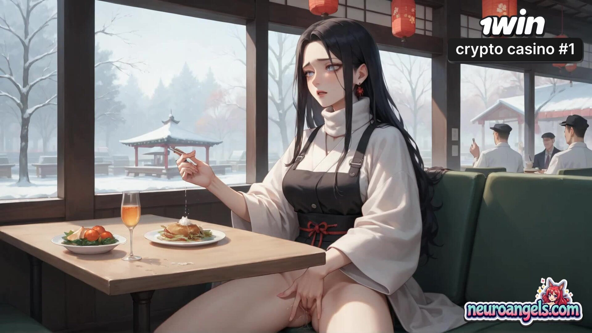 A sexy XXX cream drip seduction in a snowy café, milking a hot bitch - drip - cafe - romantic - snowy - hardcore - cream - kimono - white - ai generated
