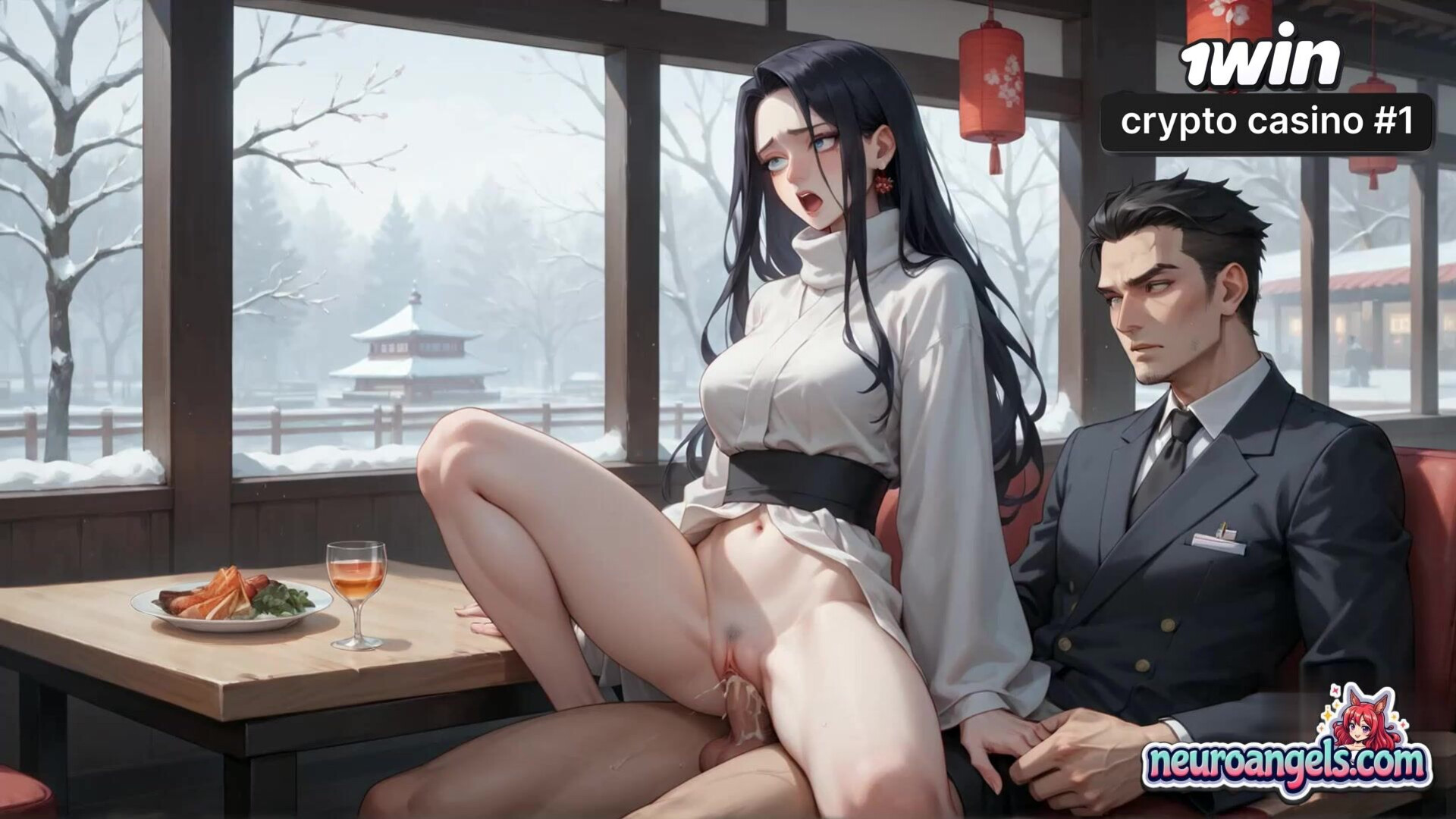 A sexy XXX cream drip seduction in a snowy café, milking a hot bitch - drip - cafe - romantic - snowy - hardcore - cream - kimono - white - ai generated