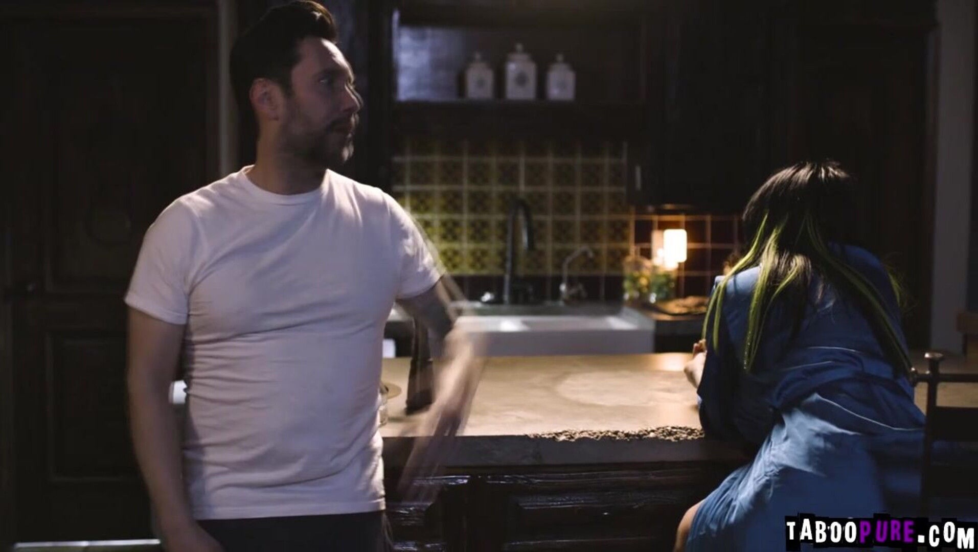 Tom goes into his kitchen and discovers Tanya there - blonde - big tits - natural tits - fingering - hairy - tribbing - ass - shaved pussy - caucasian - kissing