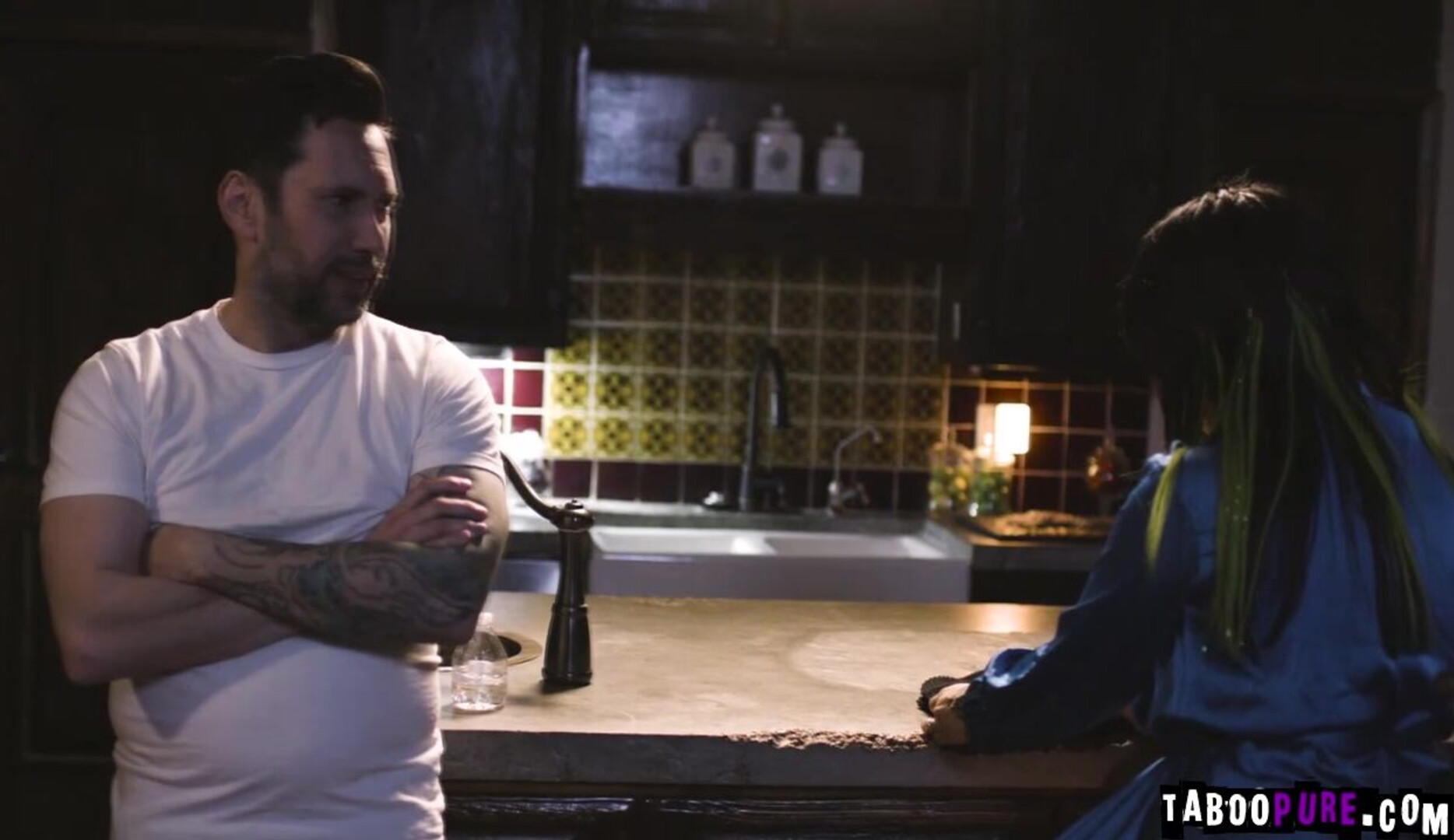 Tom goes into his kitchen and discovers Tanya there - blonde - big tits - natural tits - fingering - hairy - tribbing - ass - shaved pussy - caucasian - kissing