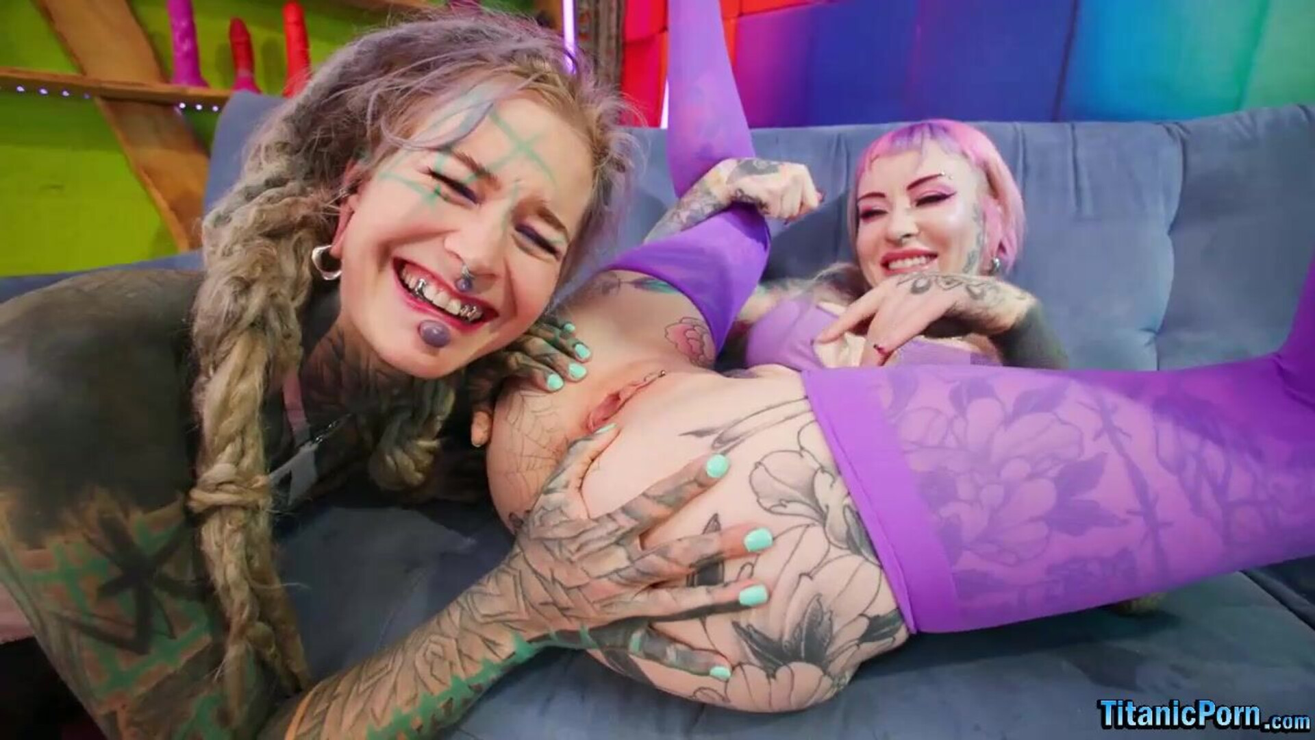 Anuskatzz And Kellie Panther Lesbian Fun - lesbian - blonde - pink hair - european - tattoos - big ass - curvy - pawg - stockings - big tits