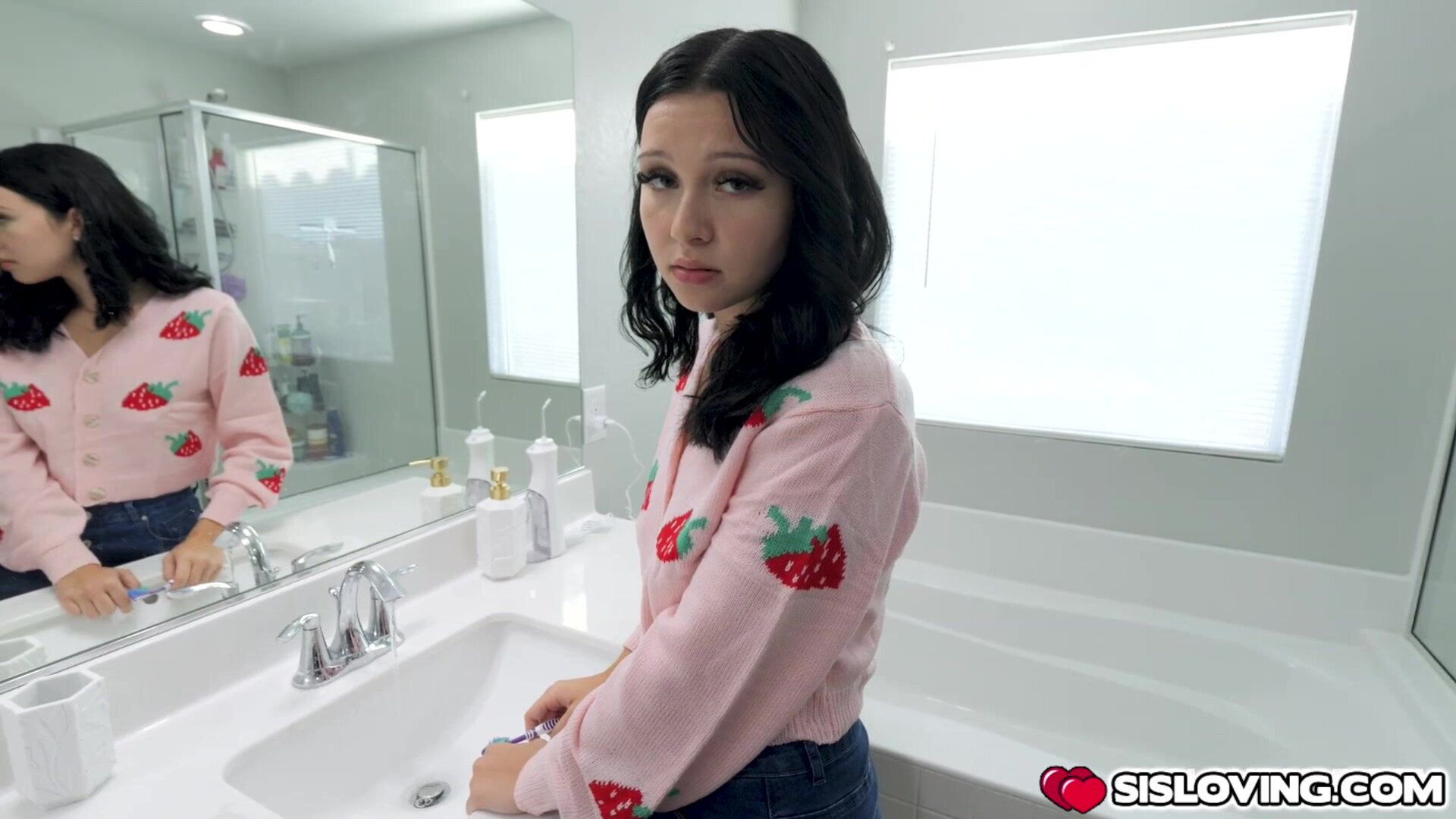 Bailey Blaze bathroom break with stepbro - sislovesme - teen - stepsister - stepbrother - slutty - brunette - natural tits - bathroom - ass - panties