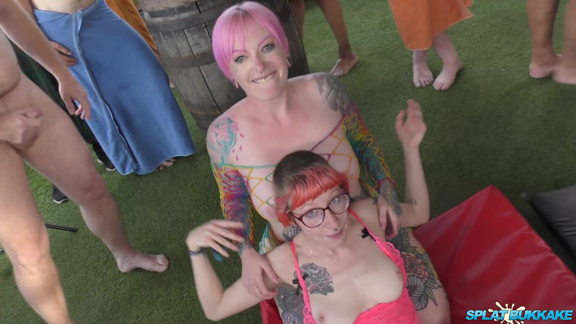 Bukkake Truly amazing bukkake with inked babes Piggy and Rosa - cfnm - handhob - public - bukkake