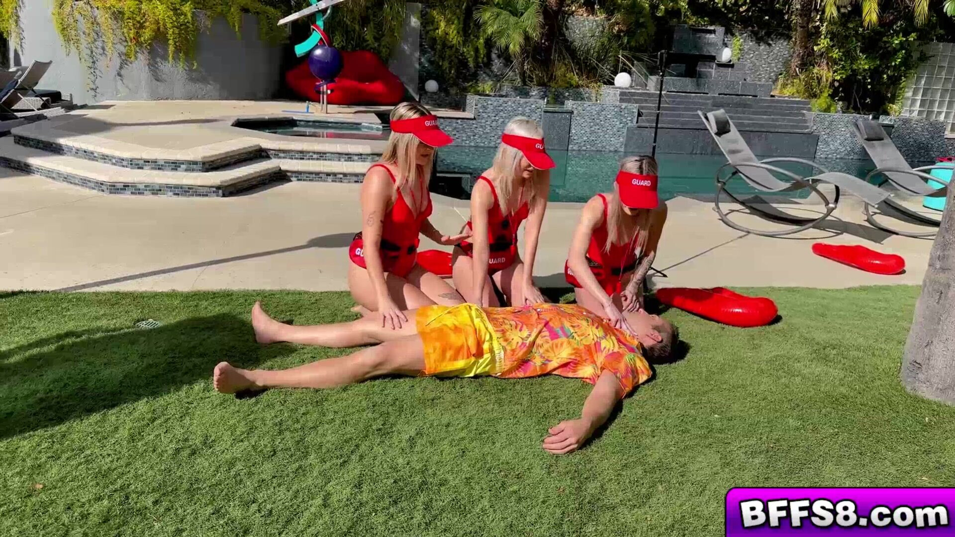 Hot neighbor gets a hot reverse gangbang - teen - foursome - blonde - small tits - pussy - licking - fingering - kissing - big cock - blowjob