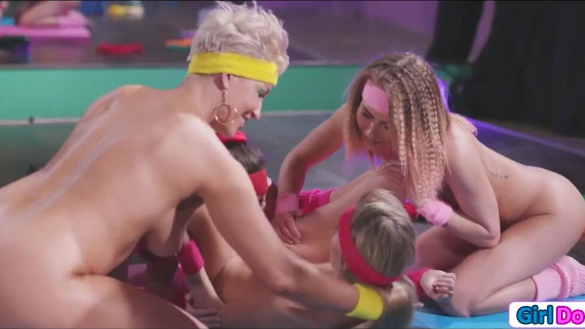 Petite blonde dominated by fitness babes - lesbian - group - lesdom - facesit - 69 - big tits - old and young - small tits - petite - milf