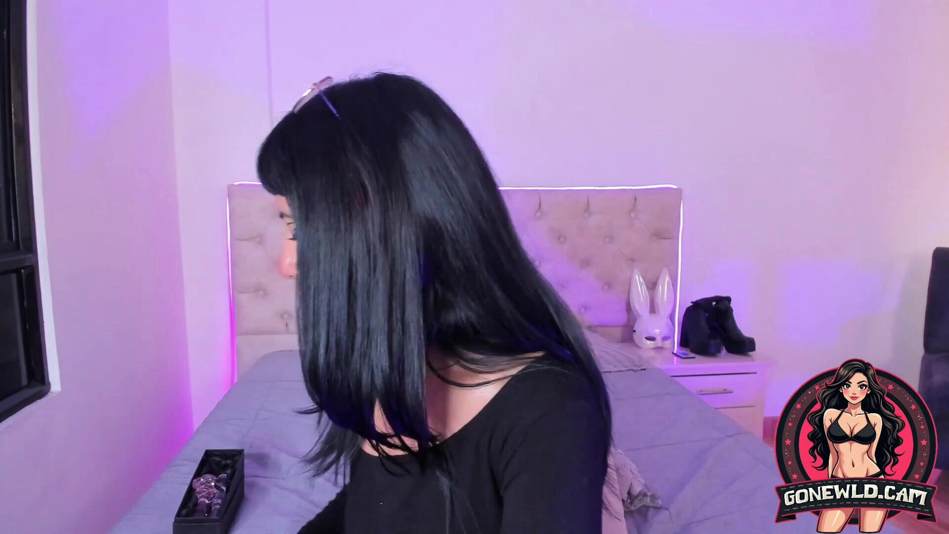 Sultry Goth Babe with Bangs Teases in Cut Out Lingerie - goth - tease - lingerie - solo - brunette - piercing - tattoo - makeup - webcam - bedroom