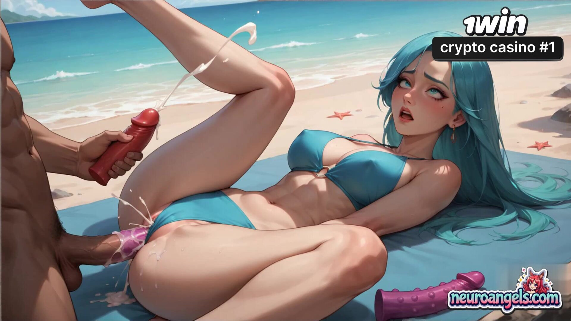 Beach Bliss Turquoise Hair Babe's Triple Ejaculation Orgy - hardcore - hair - triple - beach - romantic - turquoise - ejaculation - ai generated