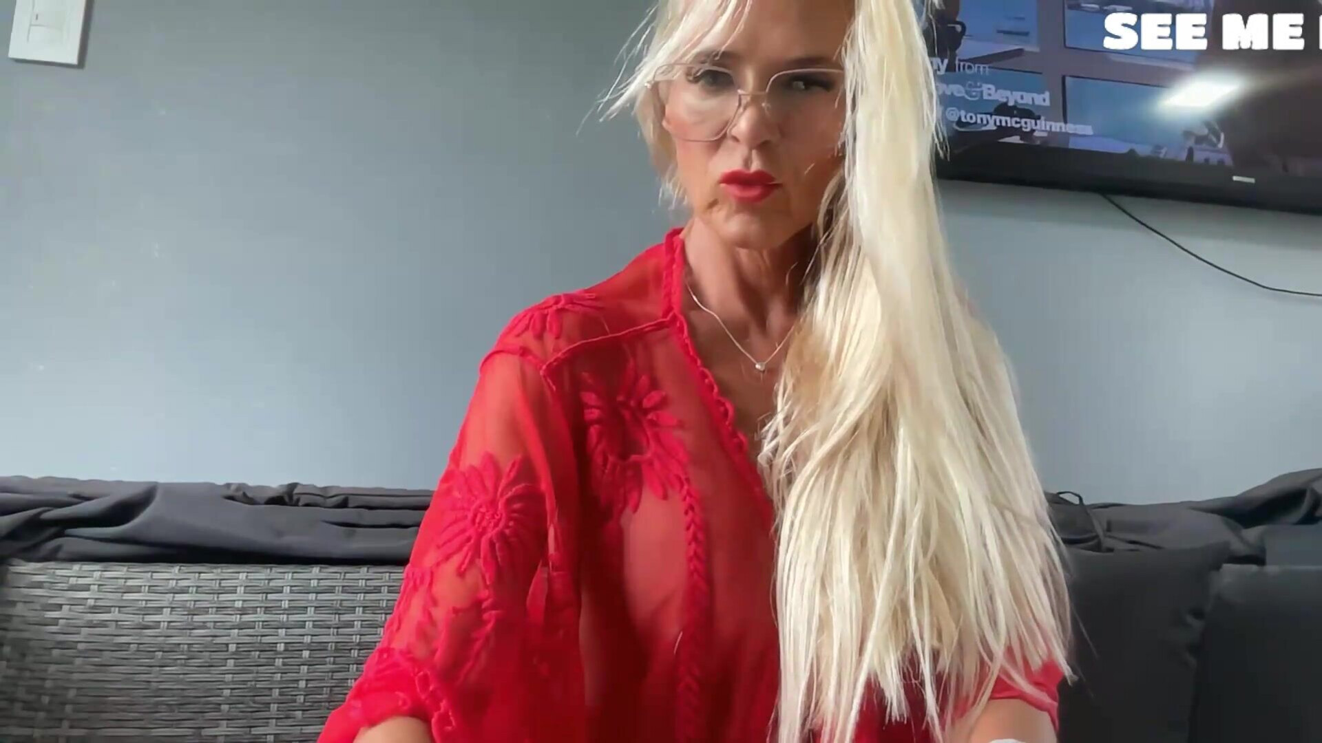 Blonde MILF in Red Lingerie Tease - blonde - milf - lingerie - stockings - high heels - tease - mature - glamour - solo - webcam