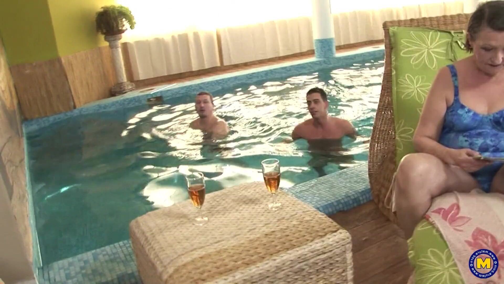A pair of mischievous old dames receive an unexpected filling near the aquatic resort - anal - blowjob - creampie - milf - granny - saggy tits - pissing - foursome - pool - anal masturbation