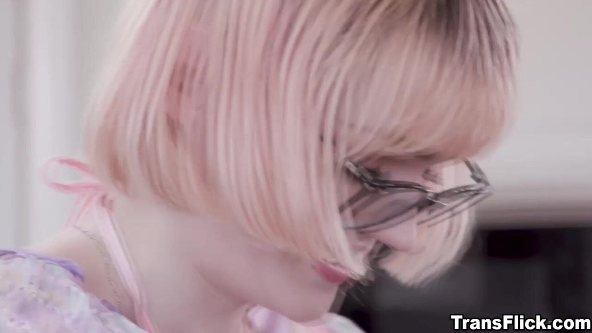 Claire sucked Jamie's beautiful cock to cheer her up - transflick - blonde - big tits - anal - small tits - petite - blowjob - deepthroat - cumshot - titty fuck