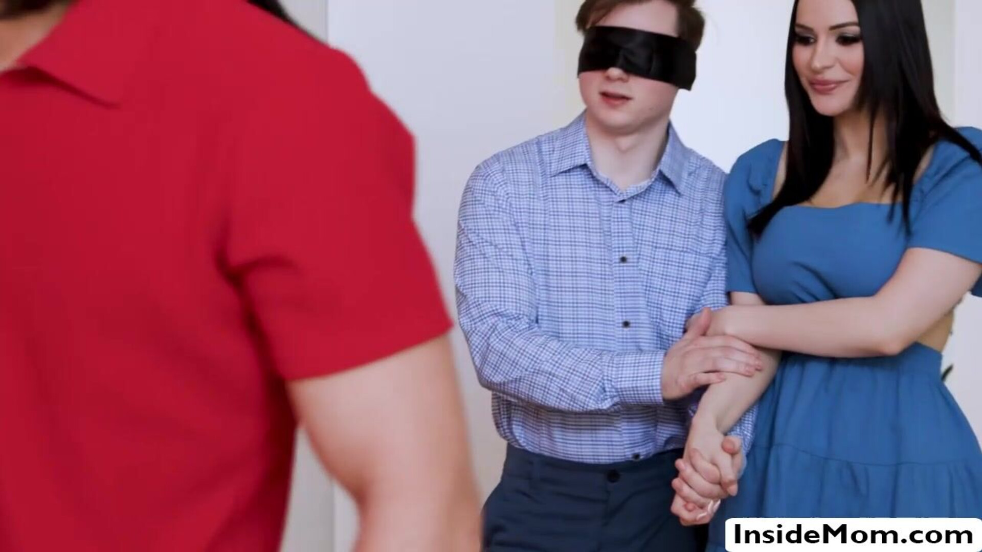 Two MILFs blindfold stepsons and ride their dicks - stepmom - stepson - taboo - milf - foursome - big cock - big tits - brunette - blowjob - deepthroat