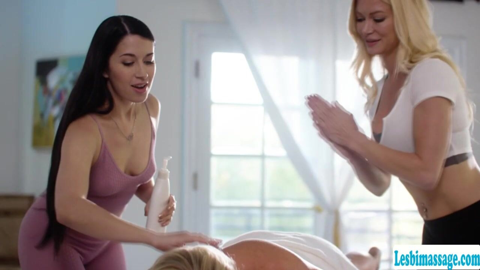 Booty blonde licked by wife and masseuse - lesbian - massage - big tits - threesome - facesitting - masturbation - kiss - titsuck - finger - oral