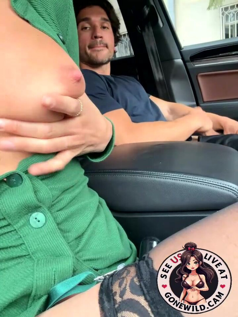 Brunette in Green Dress Teases and Strokes Cock in Car - car - handjob - public - flashing - big tits - stockings - pov - amateur - brunette