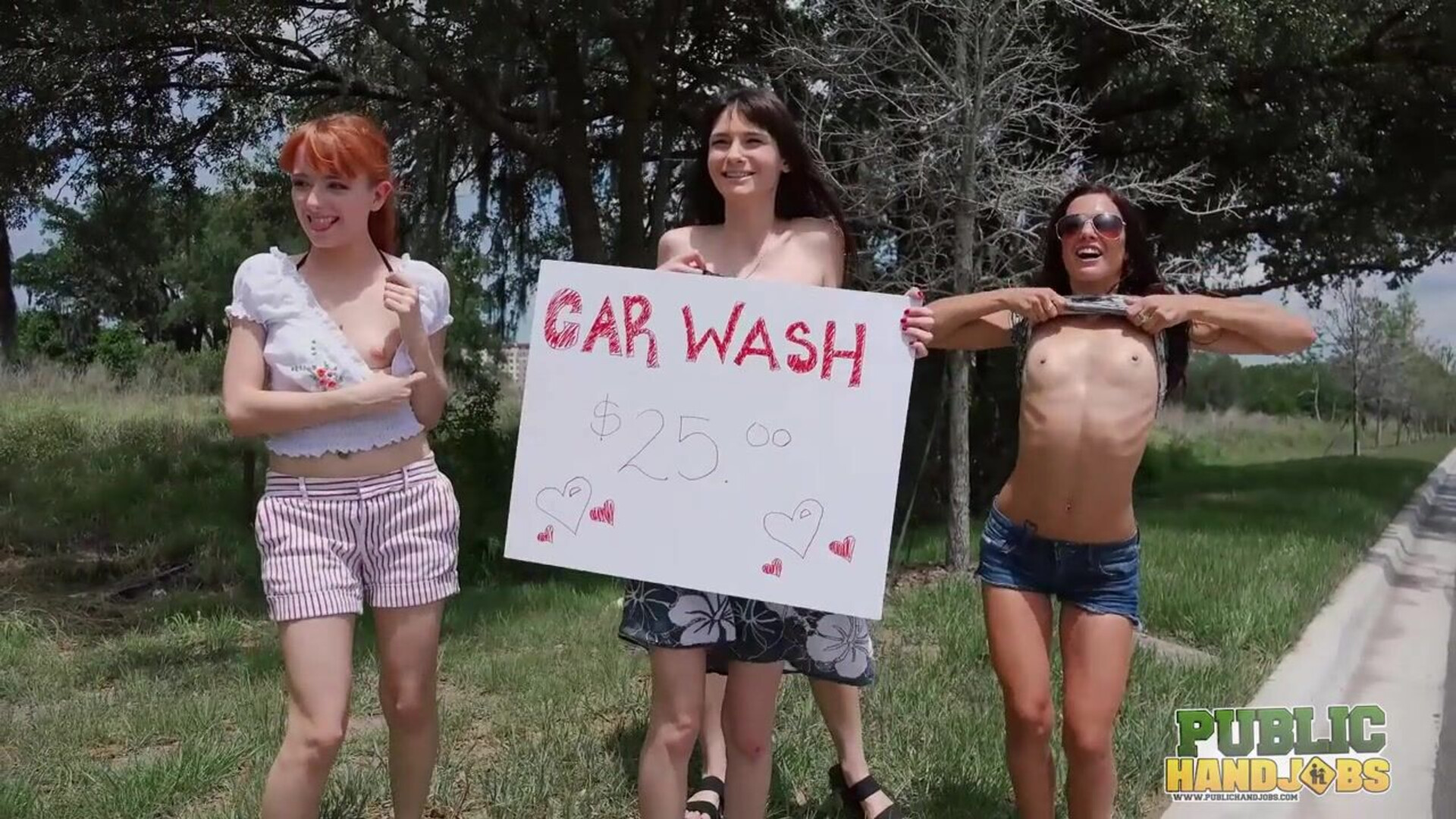 Public Handjobs Sexy Wet Fivesome Car Wash - handjob - public - brunette - redhead - group - public handjobs