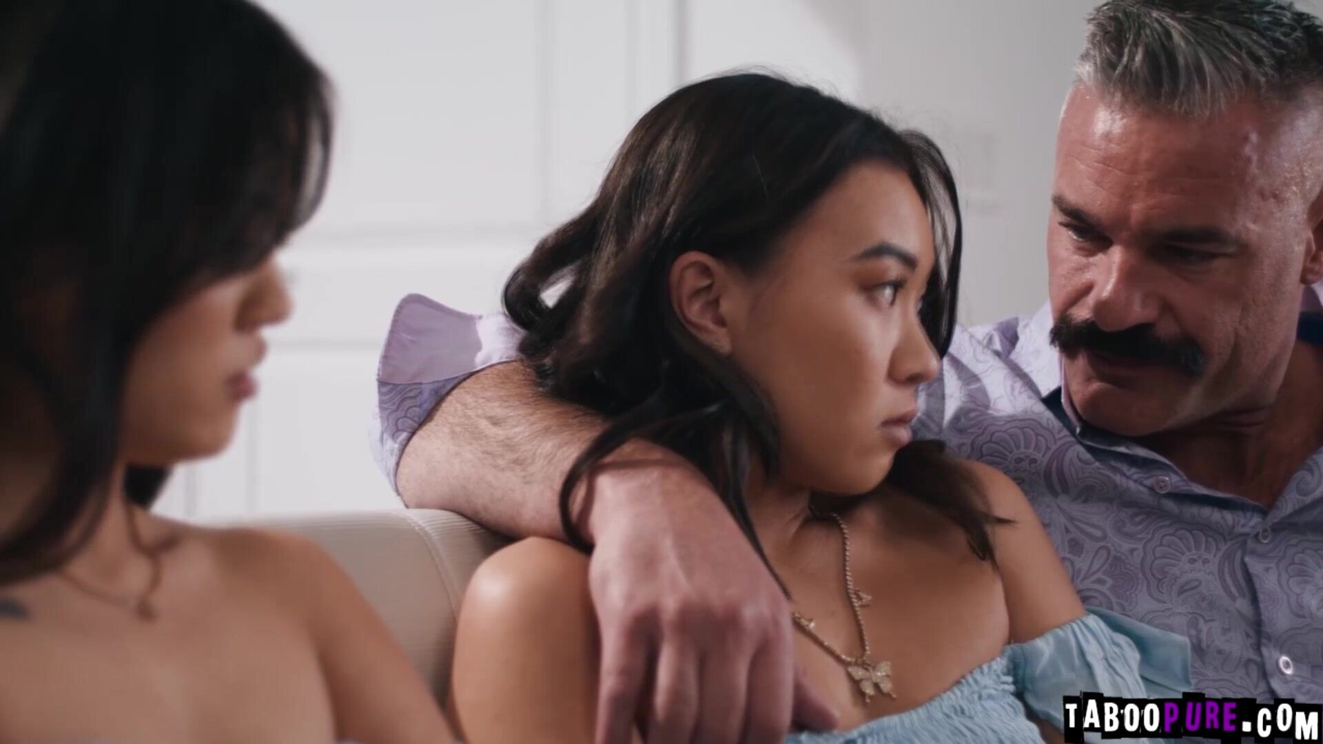 Stepdaughters fulfill stepdads sexual fantasy - brunette - girl on girl - threesome - natural tits - small tits - hairy - asian - interracial - stepsister - pussy to mouth