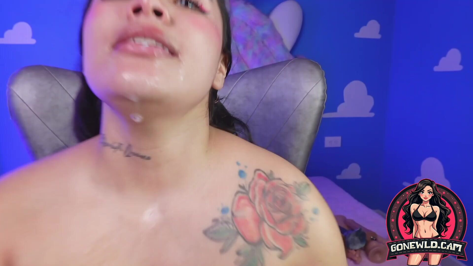 Tattooed Babe Deepthroats Huge Dildo then Footjobs It - deepthroat - dildo - footjob - feet - gagging - drool - tattoo - solo - toy - big dildo