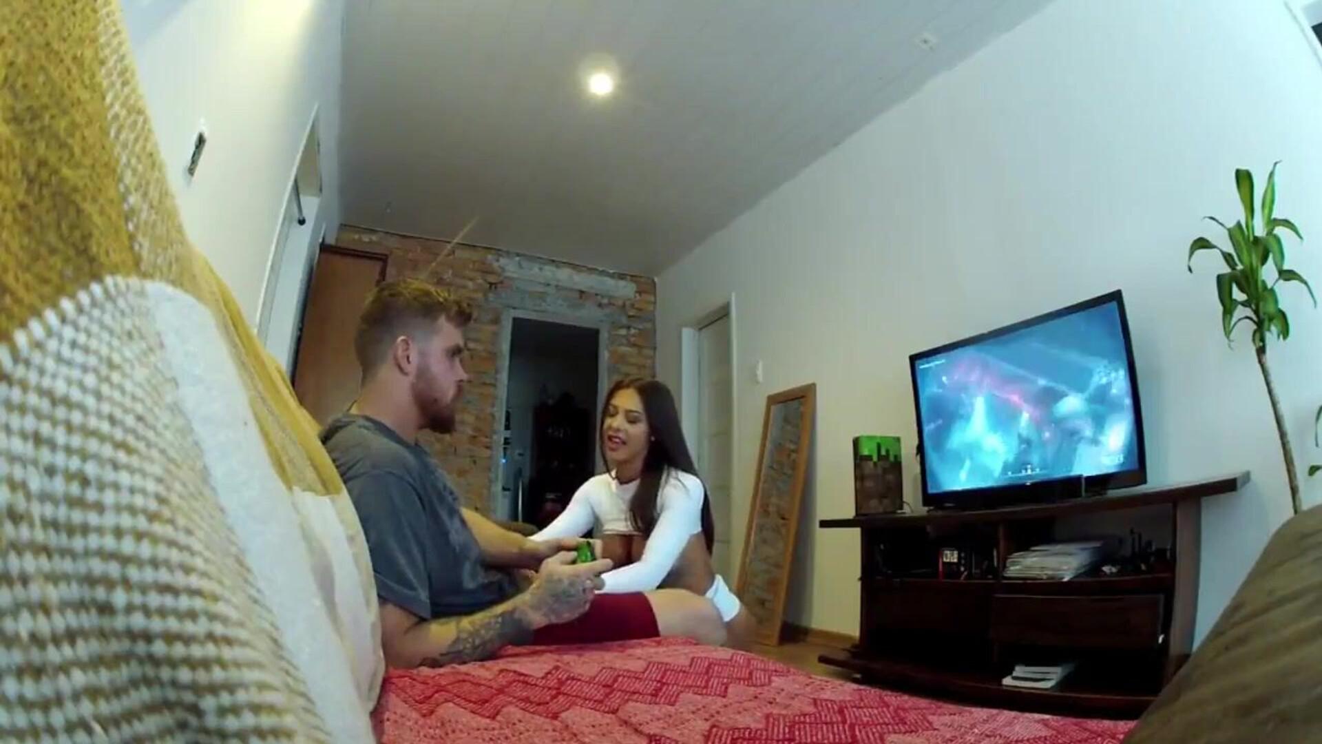 AR 01 Naughty brunette doesn't let her relative play video games - brunette - beautiful - blowjob