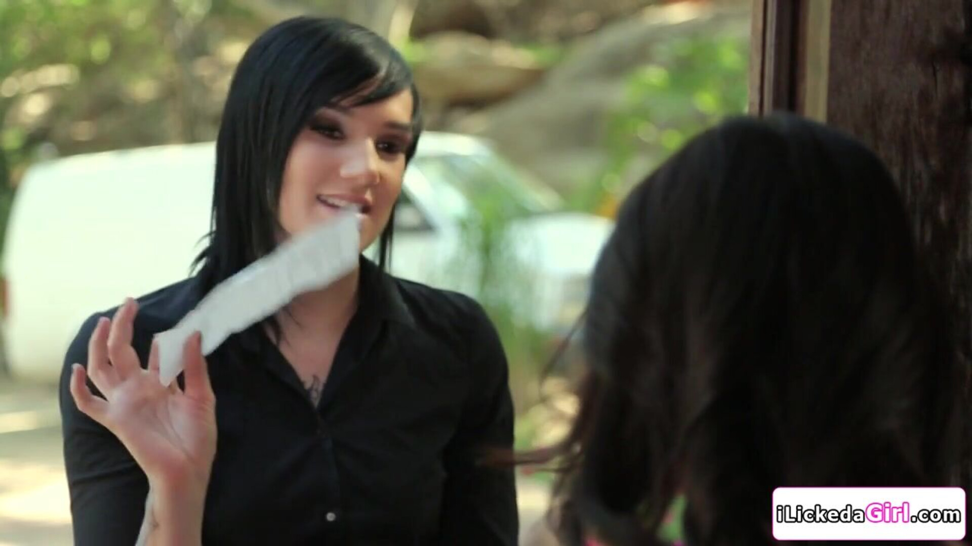 Delivery crew fucks client with strap on - lesbian - toy - oral - kiss - masturbate - small tits - petite - hairy - lingerie - brunette