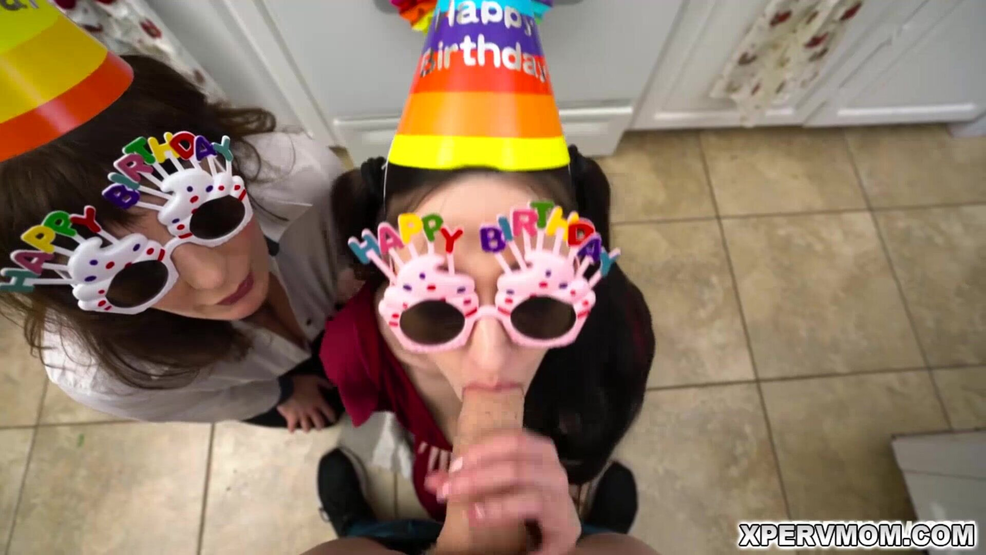 Melody Mynx and Tifa Quinn Blowjob Birthday Party - milf - mylf - threesome - kitchen - blowjob - party - big dick - big tits - oral - old young