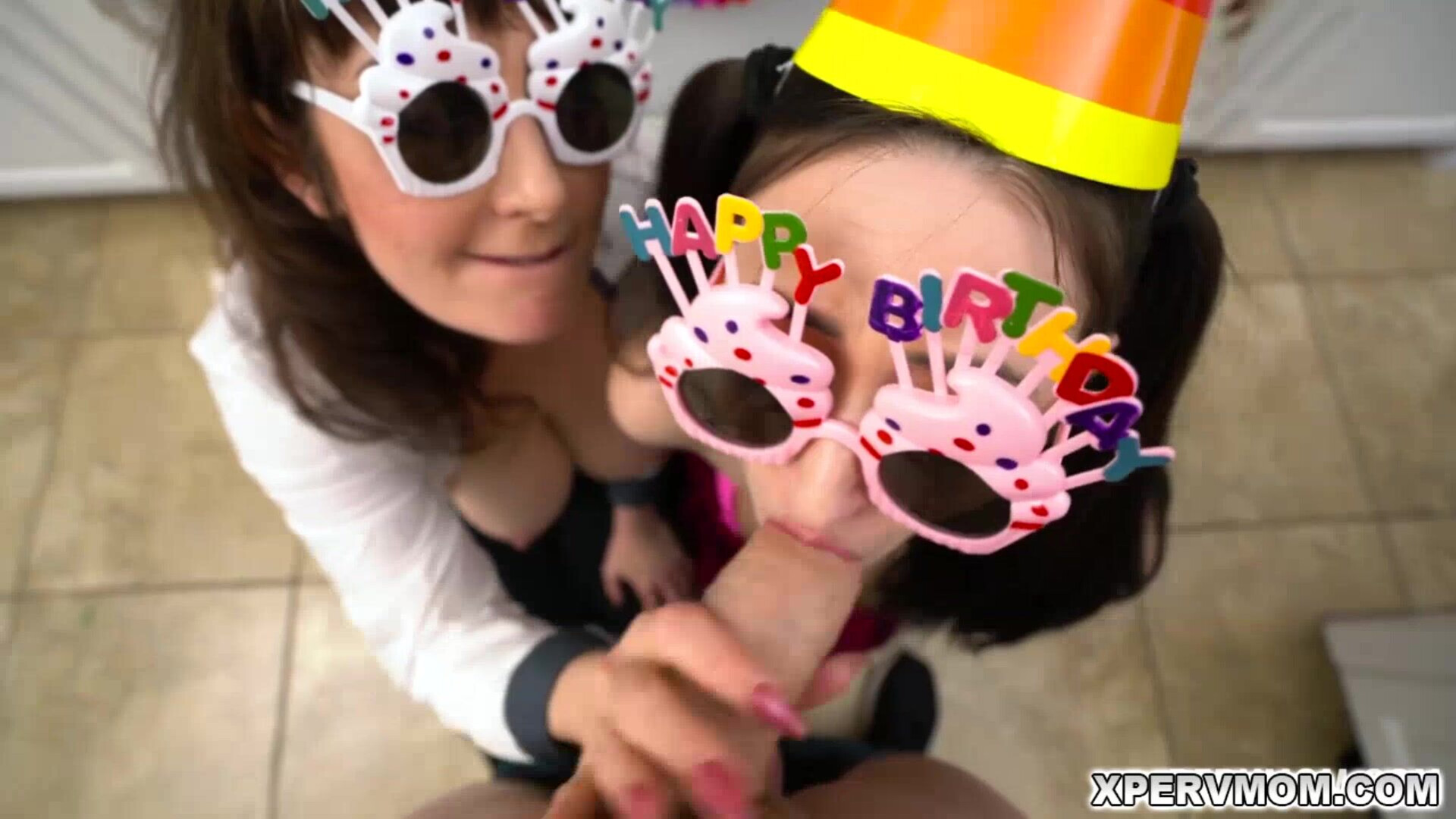 Melody Mynx and Tifa Quinn Blowjob Birthday Party - milf - mylf - threesome - kitchen - blowjob - party - big dick - big tits - oral - old young