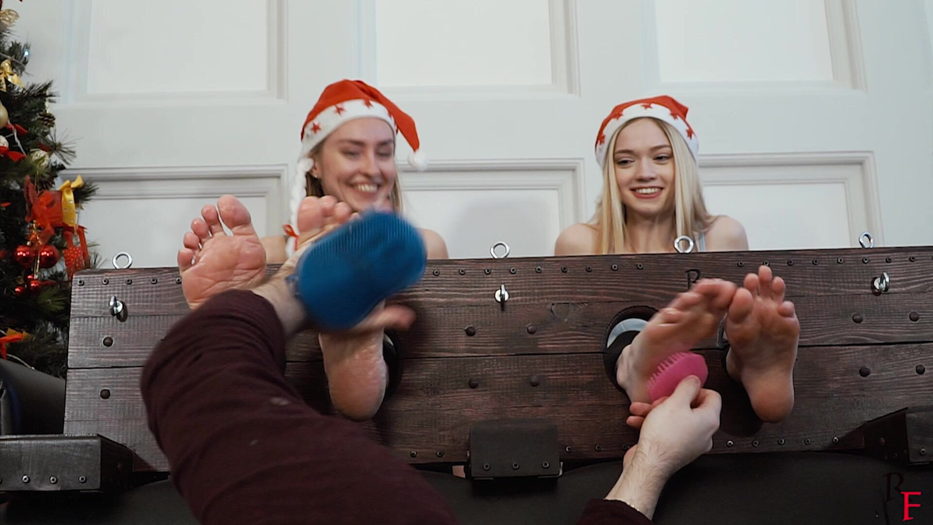 TickleTherapy Merry Christmas! Two New Years Blondes In Big Stocks! - fetish - russian - teen