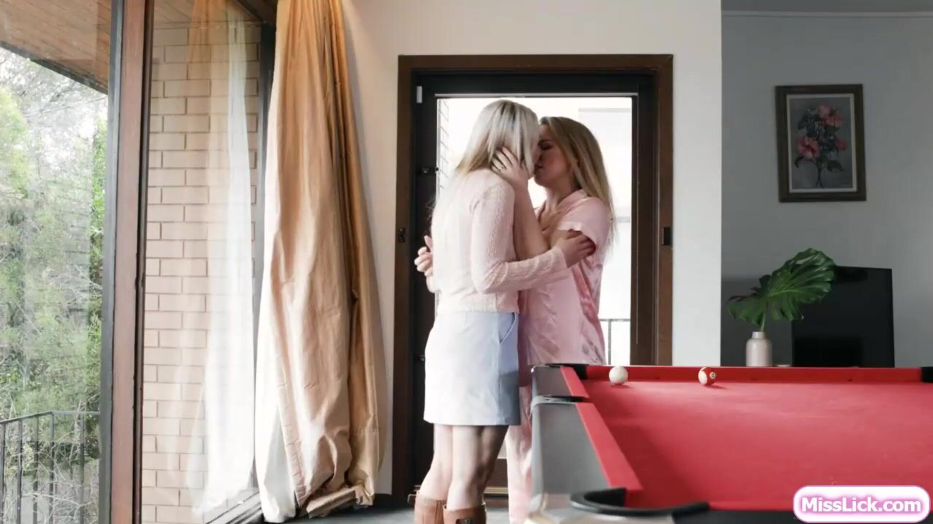 Busty lesbian wives licking on pooltable - lesbian - big tits - scissor - oral - finger - shaved - petite - kiss - titsuck - pornstar