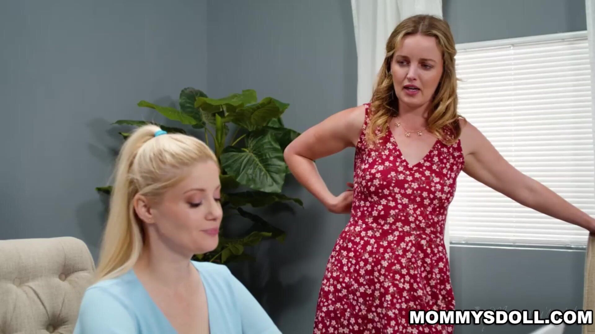 Khloe goes under the table and eats Charlotte out - girlsway - blonde - natural tits - small tits - 69 - tattoos - tribbing - interracial - ass - lesbian